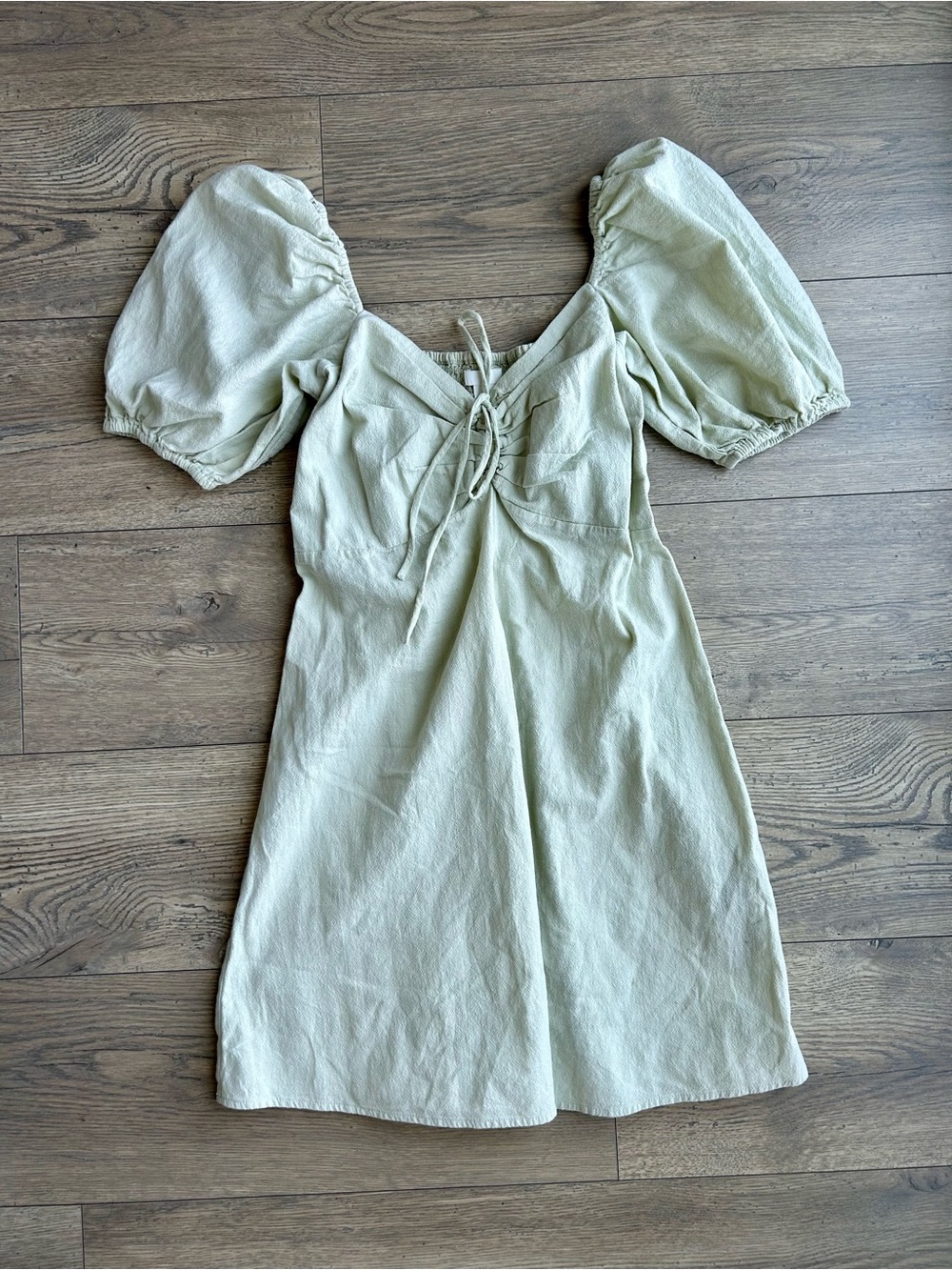 H&M Puff-Sleeve Tie-Front Dress - Sage Green